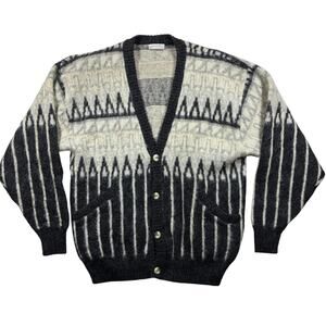 Vintage Alafoss Icewool Cardigan Large Cream/Black Printed Sweater Grandpa